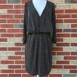 Trina Turk Metallic Striped V-neck Black Gold Silver Long Sleeve Dress 👗